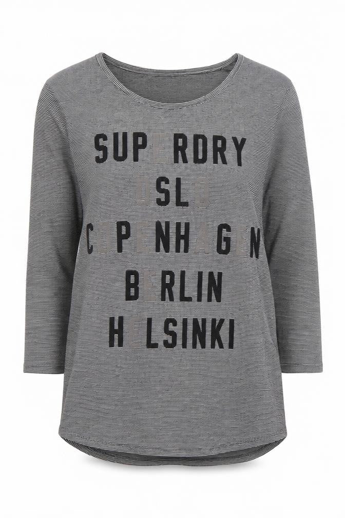 Front view of Superdry Women’s Grey Striped Long Sleeve Crew Neck T-Shirt XS