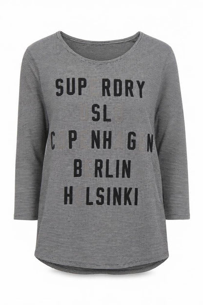 Front view of Superdry Women’s Grey Striped Long Sleeve Crew Neck T-Shirt XS