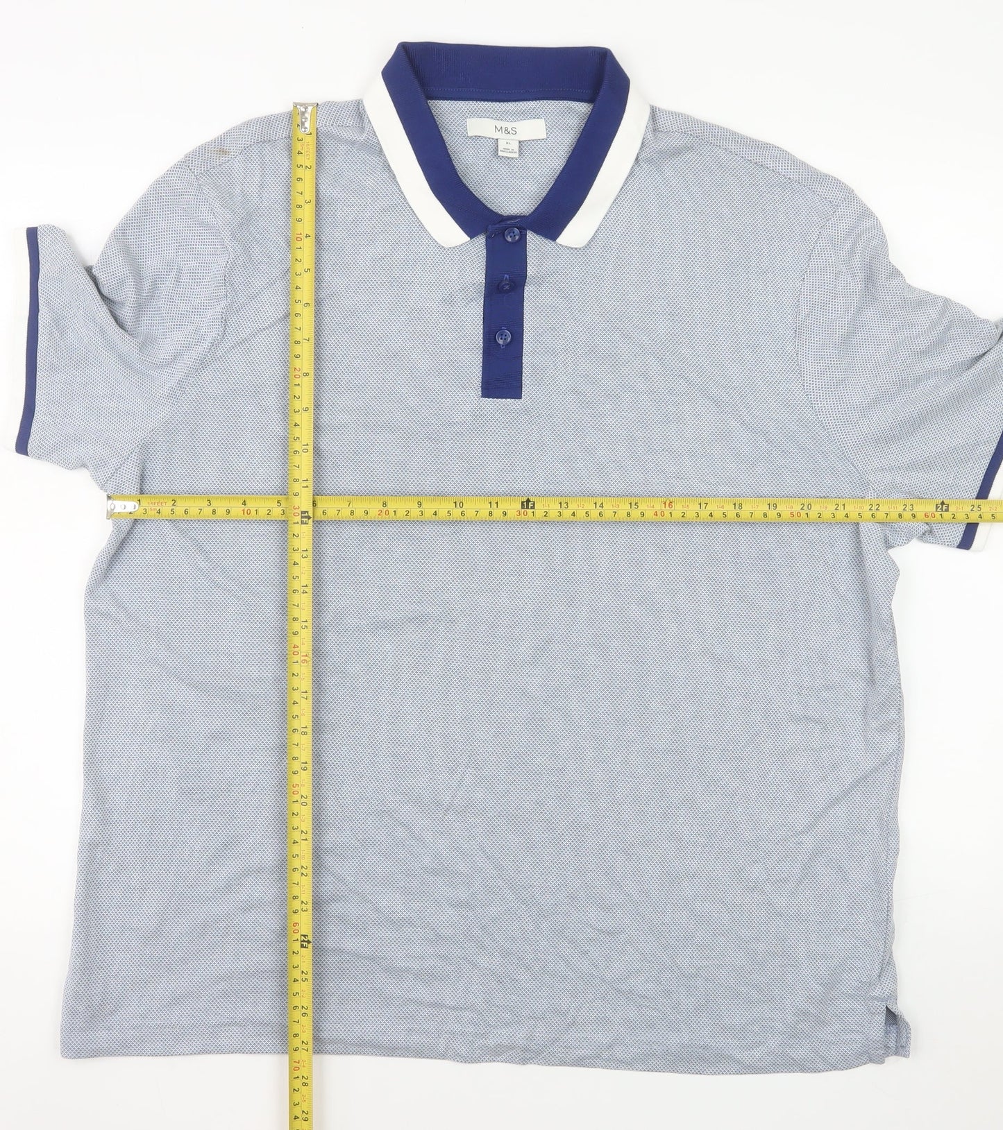 Marks and Spencer Men's Blue Geometric Polo Shirt XL