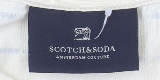 Scotch & Soda Men's Beige Striped Crew Neck Cotton T-Shirt M