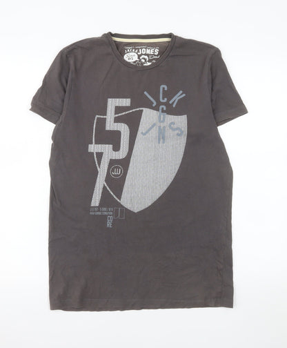 Jack & Jones Men's Grey Graphic Print Cotton T-Shirt Size M