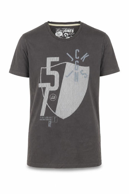 Front view of Jack & Jones Men's Grey Graphic Print Cotton T-Shirt, size M