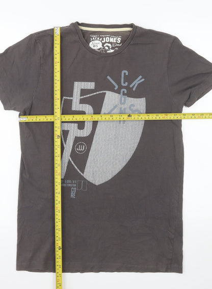Jack & Jones Men's Grey Graphic Print Cotton T-Shirt Size M