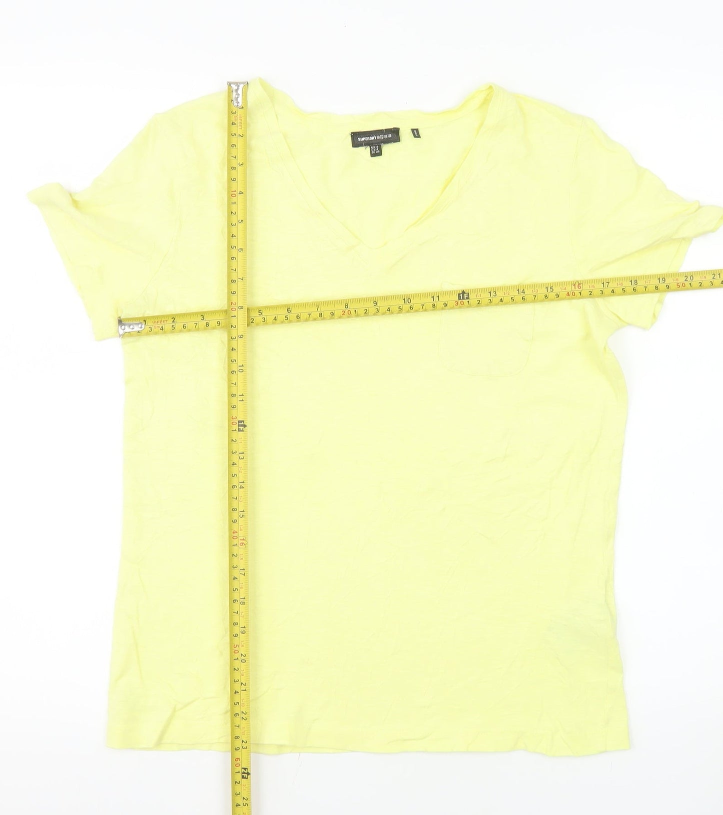 Superdry Women’s Yellow V-Neck Cotton Blend T-Shirt Size 8