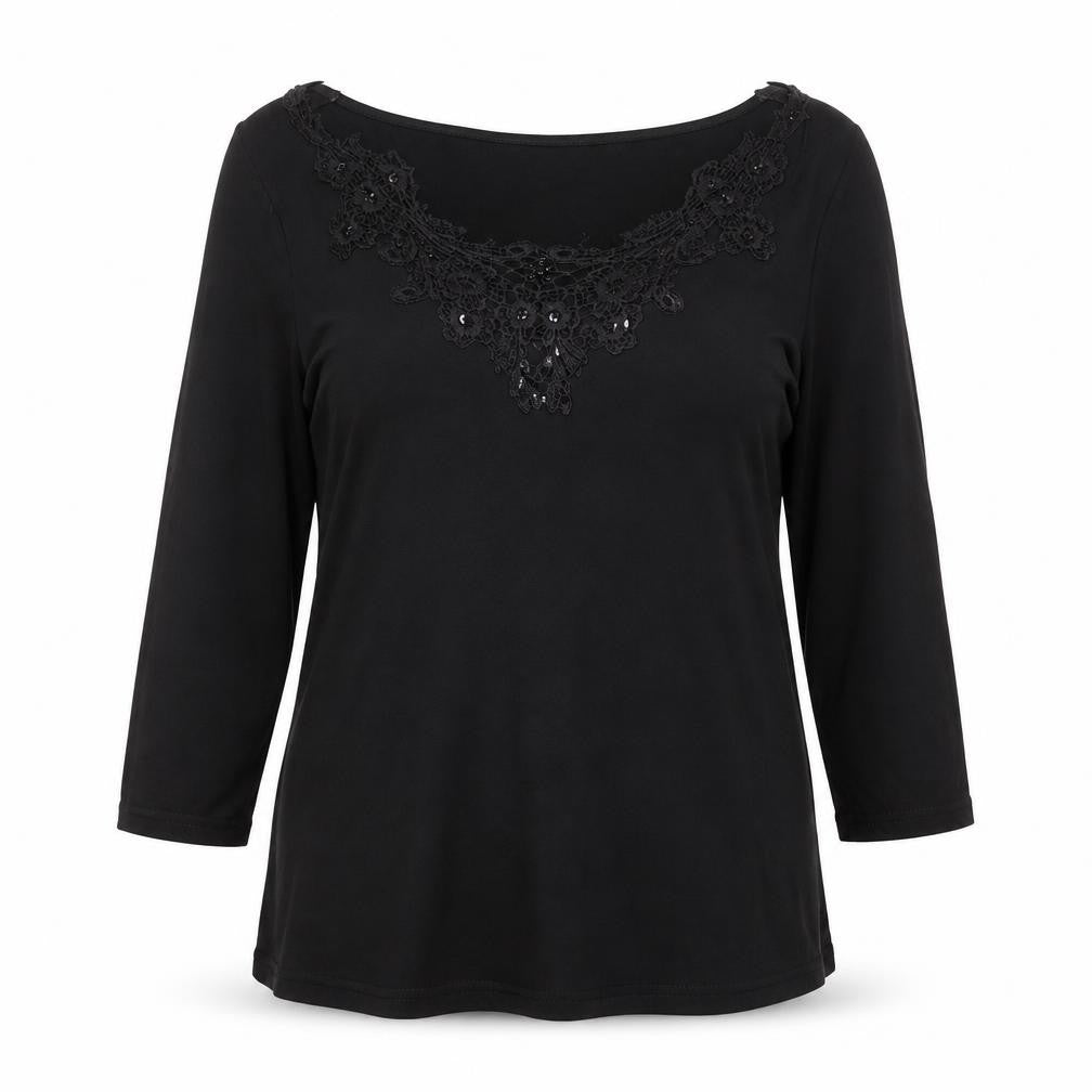 Front view of Phase Eight Women's Black 3/4 Sleeve Lace Neck Tunic Blouse, size 12