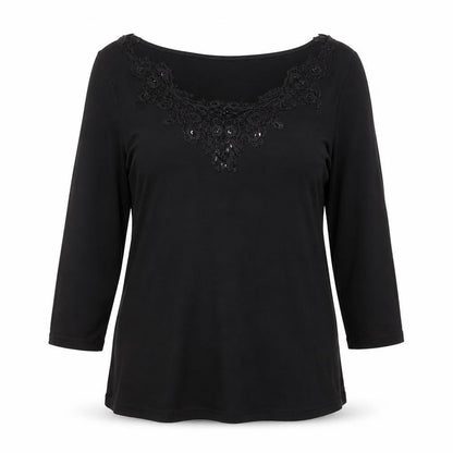 Front view of Phase Eight Women's Black 3/4 Sleeve Lace Neck Tunic Blouse, size 12