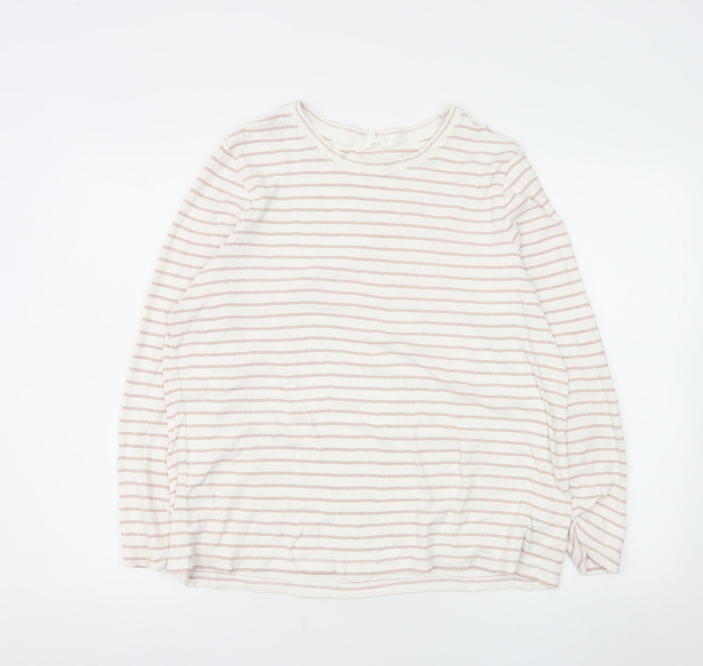 Marks and Spencer Women Ivory Striped Long Sleeve Cotton T-Shirt Size 20