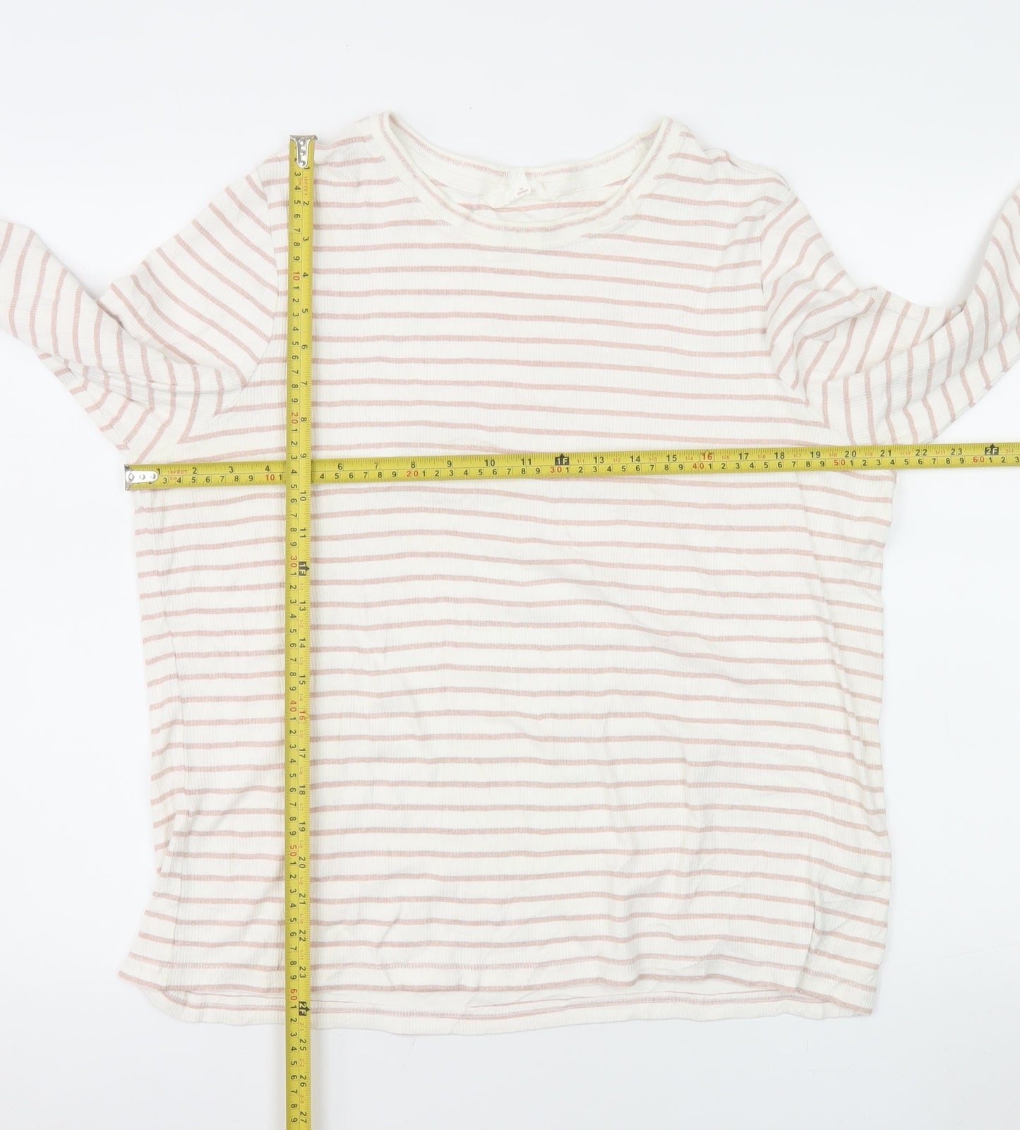 Marks and Spencer Women Ivory Striped Long Sleeve Cotton T-Shirt Size 20
