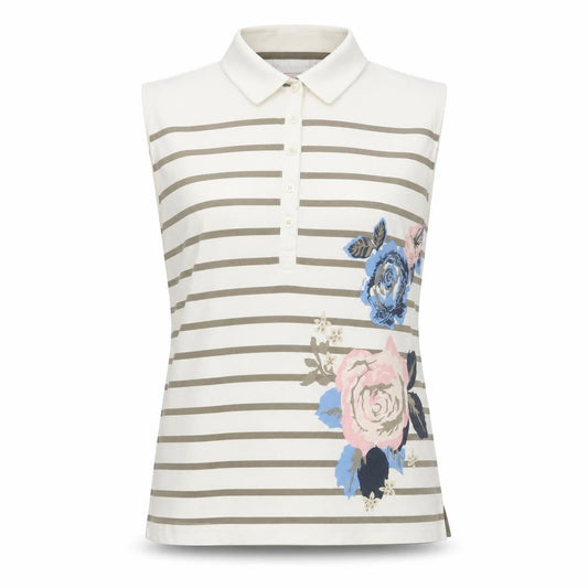 Daily Sports Women's Beige Striped Floral Sleeveless Polo Shirt XL