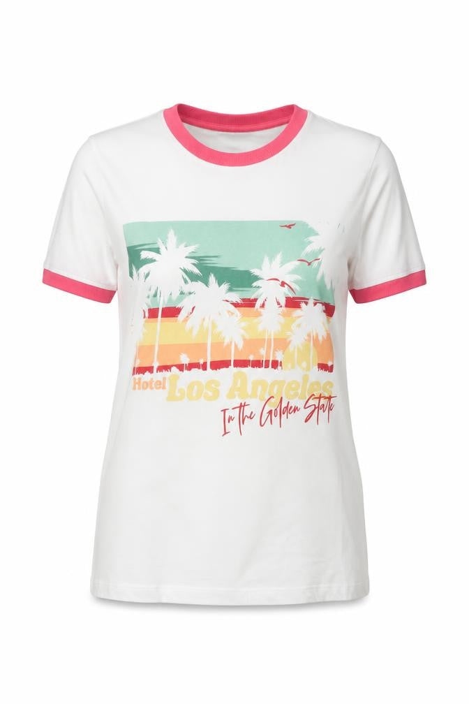 Brave Soul Womens White Ringer T-Shirt XS Beach Print Summer Top