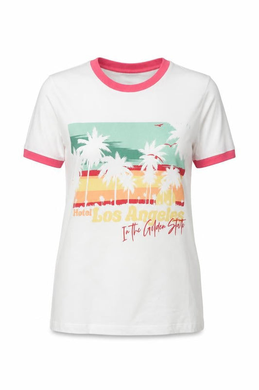 Brave Soul Womens White Ringer T-Shirt XS Beach Print Summer Top