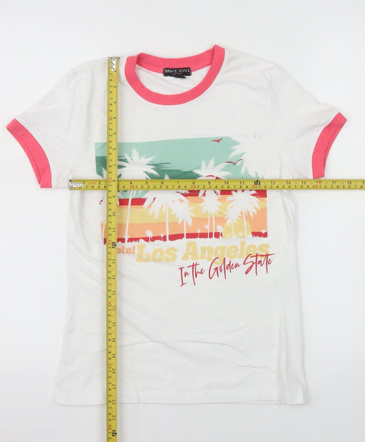 Brave Soul Womens White Ringer T-Shirt XS Beach Print Summer Top