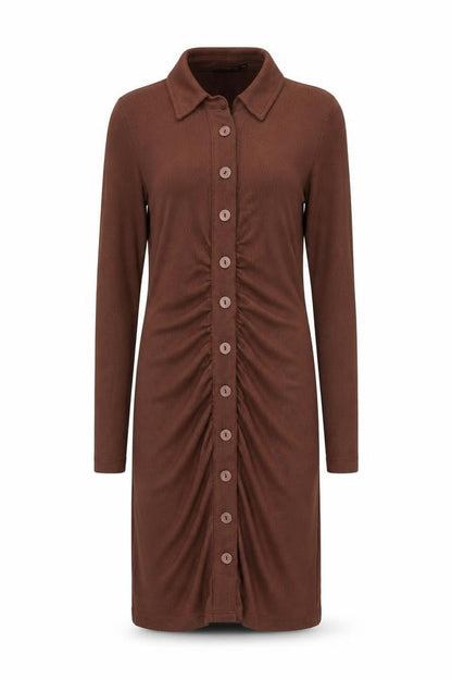 Stradivarius Women Brown Collared Ruched Button Stretch Shirt Dress Size 8
