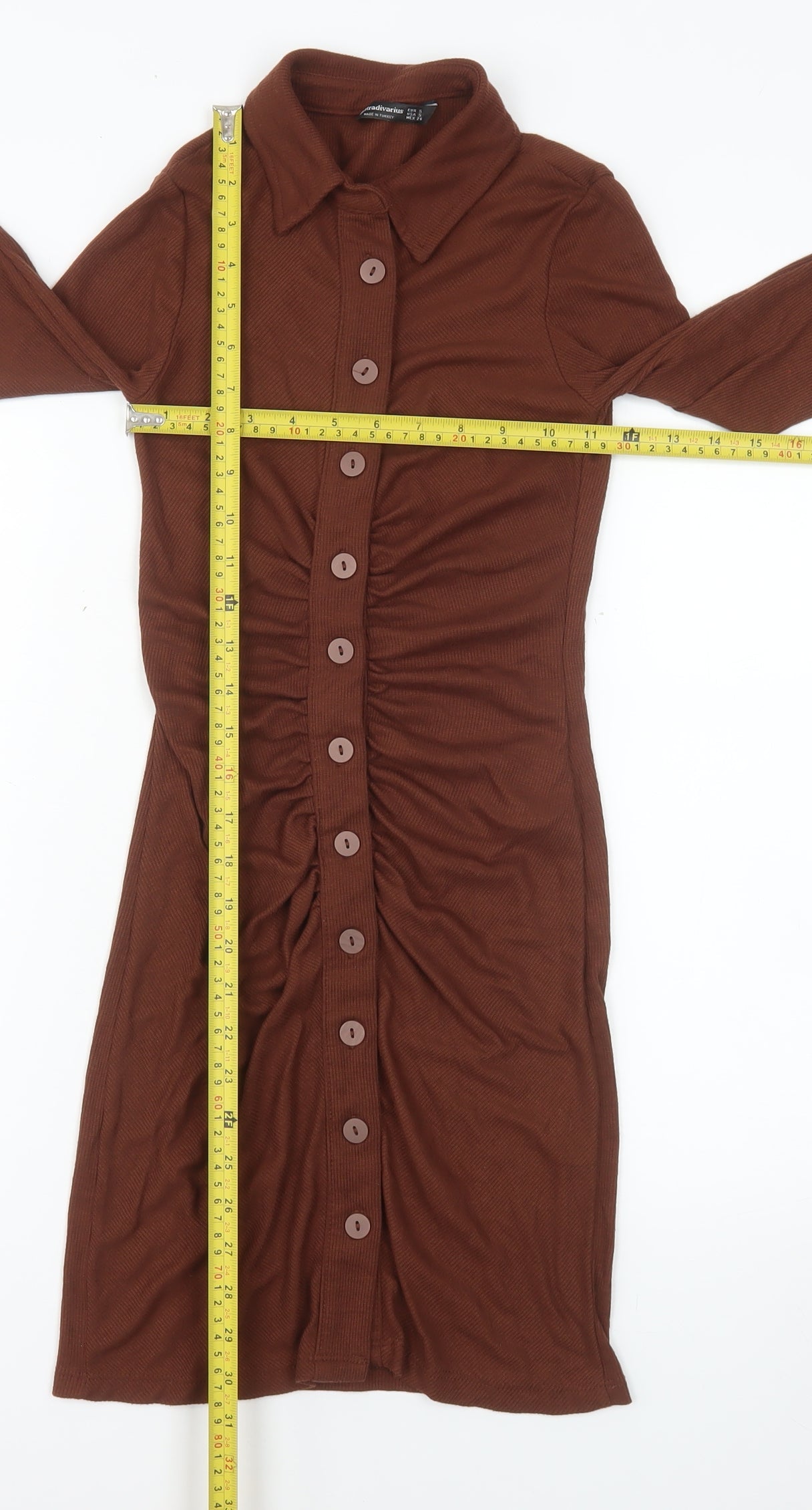 Stradivarius Women Brown Collared Ruched Button Stretch Shirt Dress Size 8