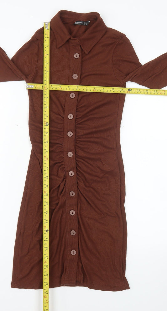 Stradivarius Women Brown Collared Ruched Button Stretch Shirt Dress Size 8