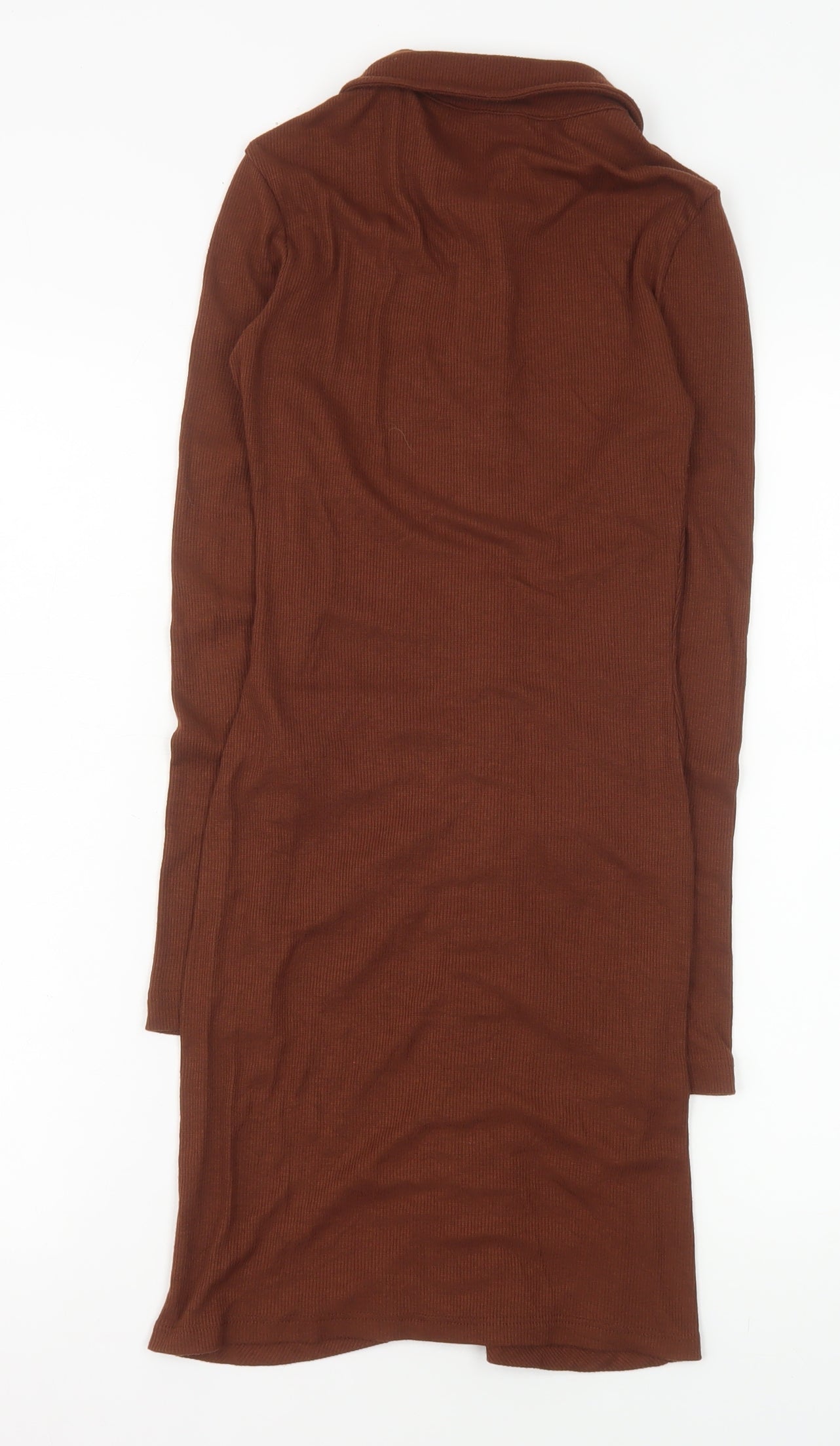 Stradivarius Women Brown Collared Ruched Button Stretch Shirt Dress Size 8