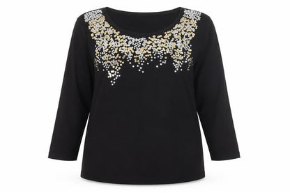 Mitzy Women Black Sequin Round Neck 3/4 Sleeve Blouse Size L