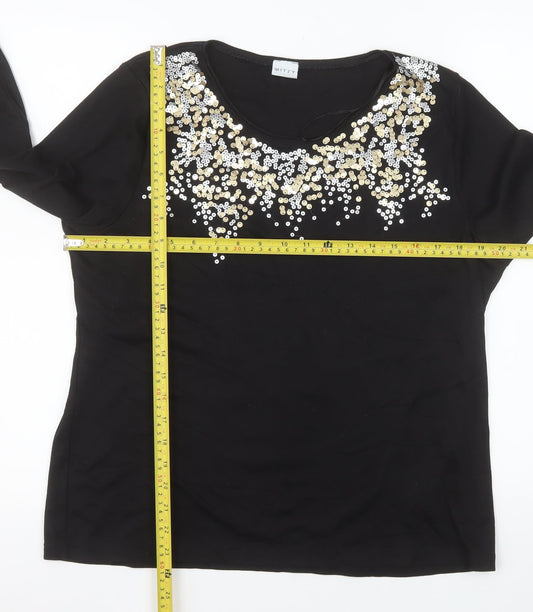 Mitzy Women Black Sequin Round Neck 3/4 Sleeve Blouse Size L