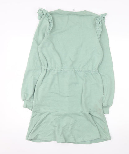 Topshop Women's Green Fit & Flare Long Sleeve Short Dress Size 4