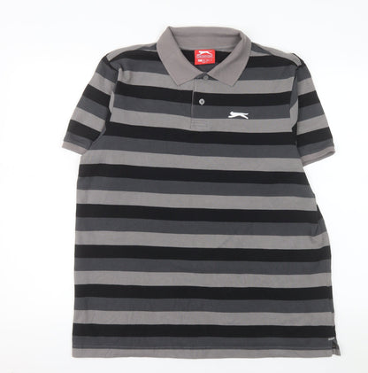 Slazenger Men's Grey Striped Polo Shirt Size L Short Sleeve Sports Top