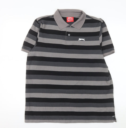 Slazenger Men's Grey Striped Polo Shirt Size L Short Sleeve Sports Top