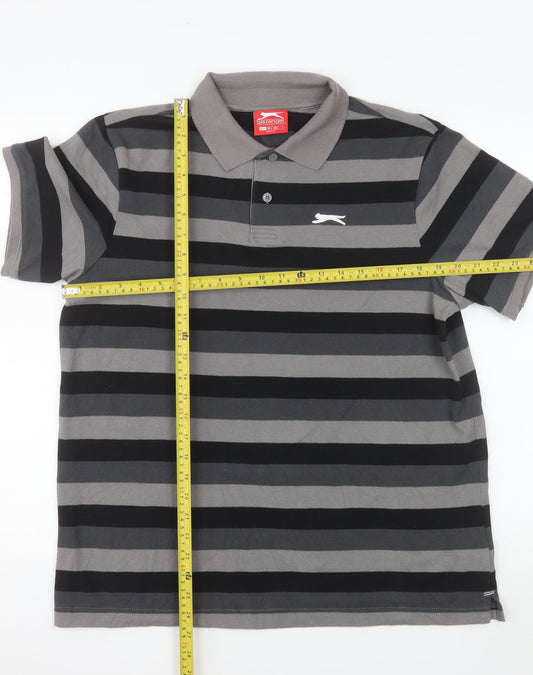 Slazenger Men's Grey Striped Polo Shirt Size L Short Sleeve Sports Top