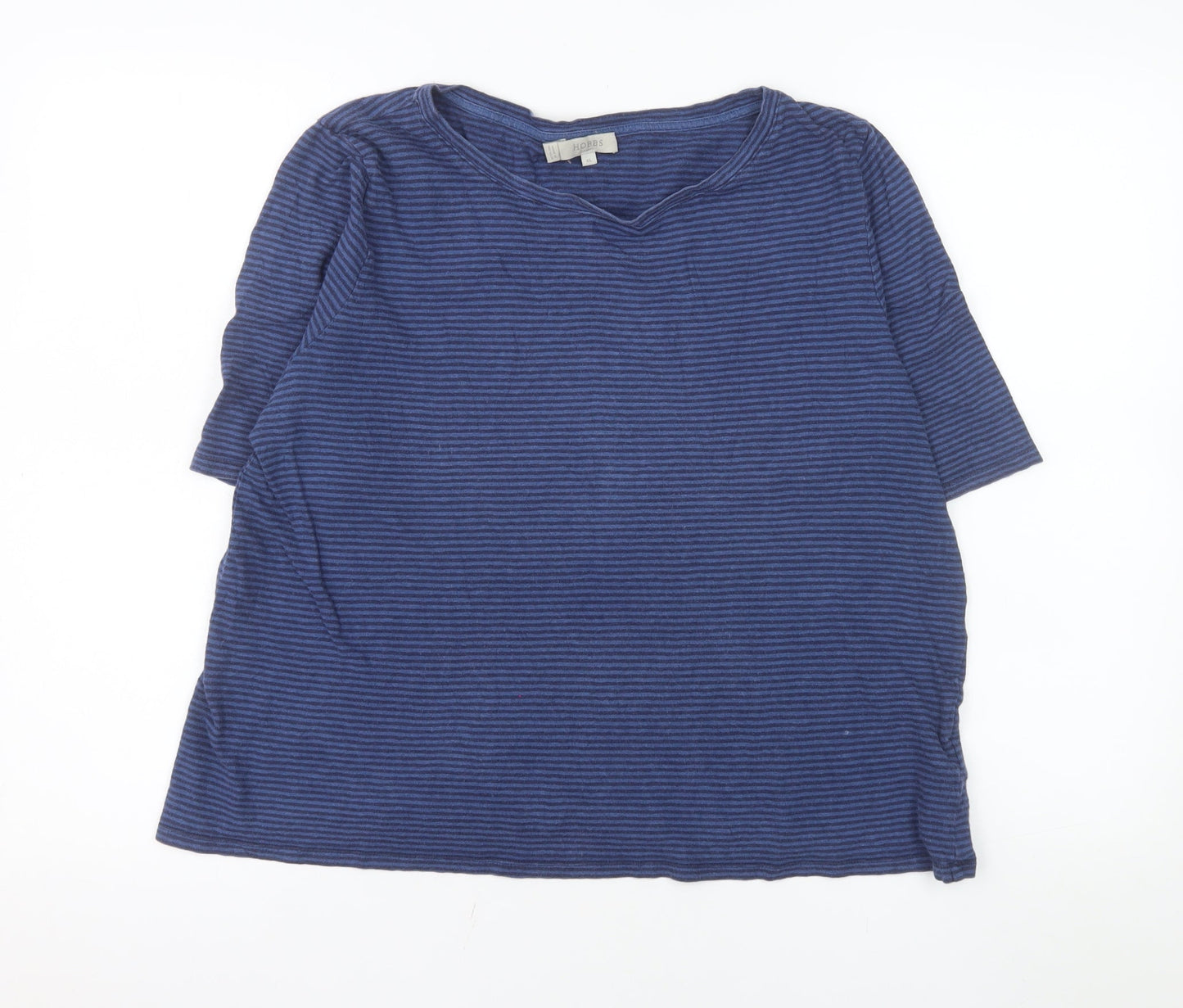 Hobbs Women Blue Striped Linen Cotton V-Neck Short Sleeve T-Shirt XL