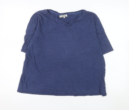 Hobbs Women Blue Striped Linen Cotton V-Neck Short Sleeve T-Shirt XL