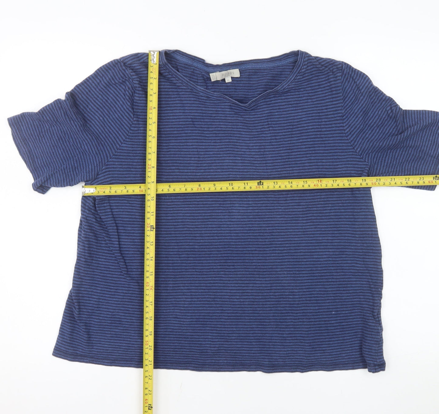 Hobbs Women Blue Striped Linen Cotton V-Neck Short Sleeve T-Shirt XL