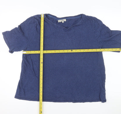 Hobbs Women Blue Striped Linen Cotton V-Neck Short Sleeve T-Shirt XL