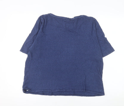 Hobbs Women Blue Striped Linen Cotton V-Neck Short Sleeve T-Shirt XL