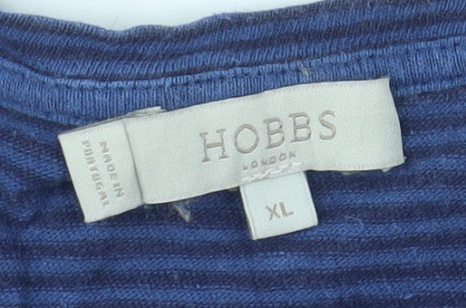 Hobbs Women Blue Striped Linen Cotton V-Neck Short Sleeve T-Shirt XL