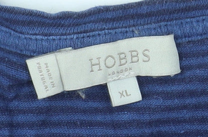 Hobbs Women Blue Striped Linen Cotton V-Neck Short Sleeve T-Shirt XL