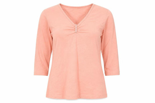 Front view of Basler Women Pink V-Neck 3/4 Sleeve Stretch Cotton T-Shirt, size 12