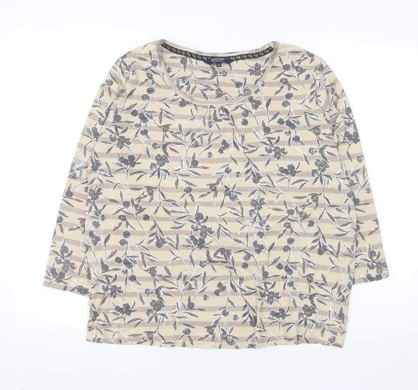 Maine New England Womens Beige Floral 3/4 Sleeve Cotton T-Shirt Size 20