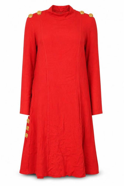 Next Women Red Knee Length Shift Dress Size 8 Long Sleeve Button Detail