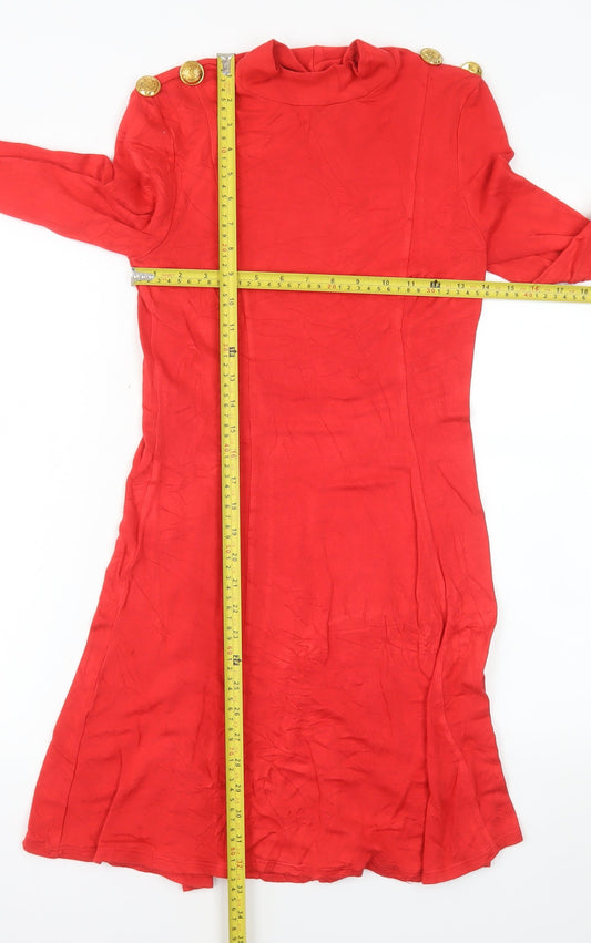 Next Women Red Knee Length Shift Dress Size 8 Long Sleeve Button Detail