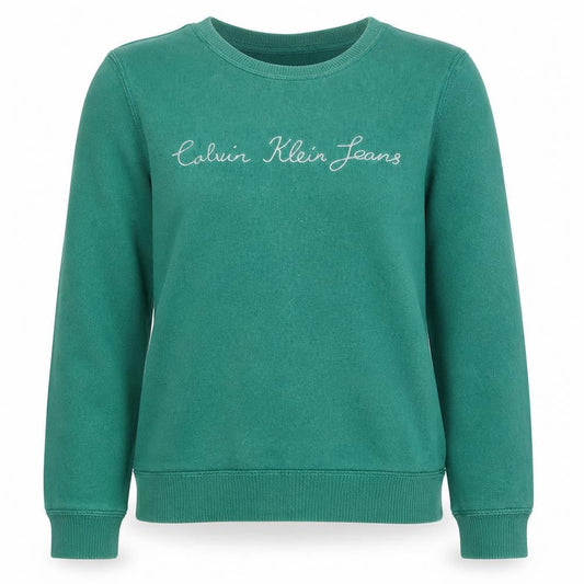 Front view of Calvin Klein Jeans Women's Green Cotton Crew Neck Sweatshirt, size S