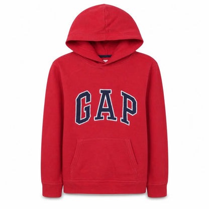 Front view of Gap Kids boys’ red pullover hoodie, size 14-16, classic logo cotton blend