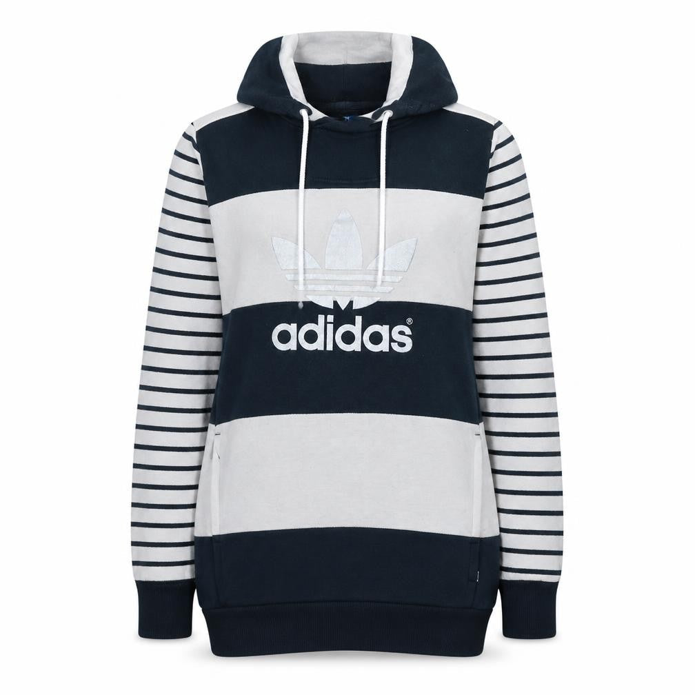 Front view of Adidas women’s navy white striped pullover hoodie uk 6 cotton blend