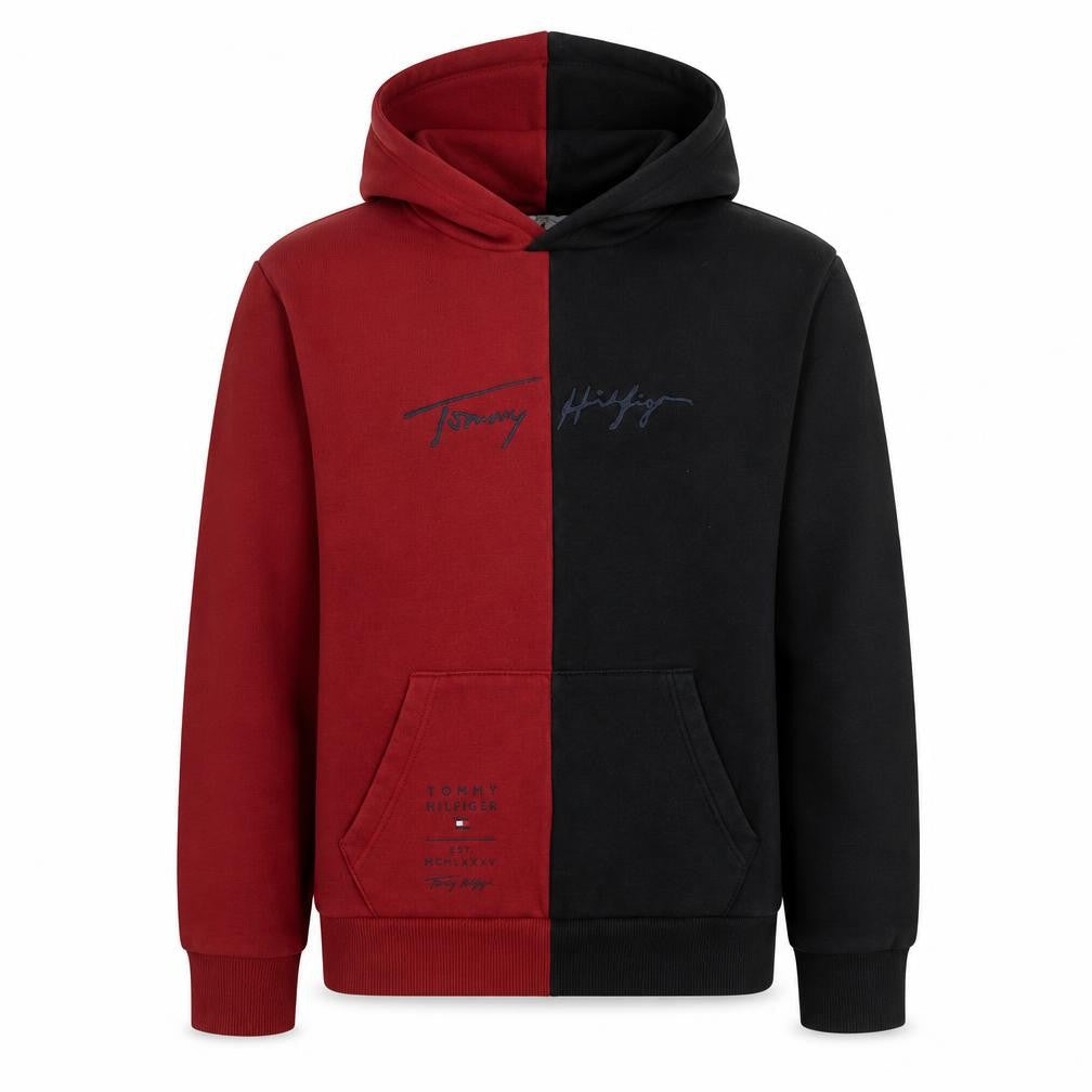 Tommy Hilfiger Men’s Red & Black Colour Block Pullover Hoodie Medium