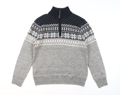 Mantaray Men Grey Fair Isle 1/4 Zip Winter Jumper Size M