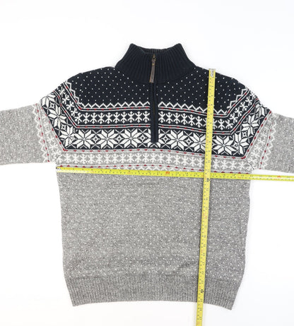 Mantaray Men Grey Fair Isle 1/4 Zip Winter Jumper Size M