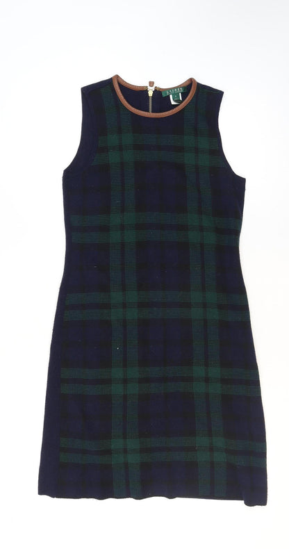 Ralph Lauren Women Blue Check Knit Shift Dress Size S Sleeveless