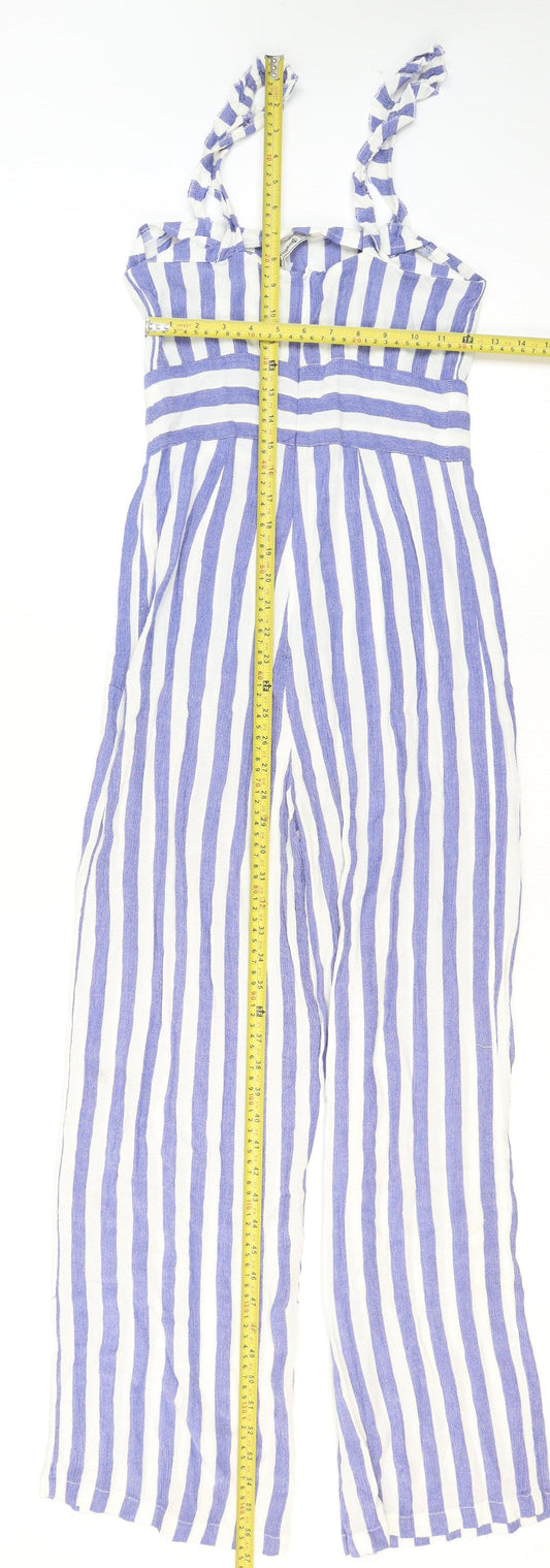 Stradivarius Women Blue White Striped Viscose Wide-Leg Jumpsuit Size 8