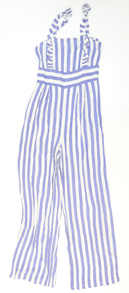 Stradivarius Women Blue White Striped Viscose Wide-Leg Jumpsuit Size 8