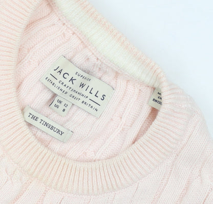 Jack Wills Womens Pink Cable-Knit Cotton Crew Neck Jumper Size 12