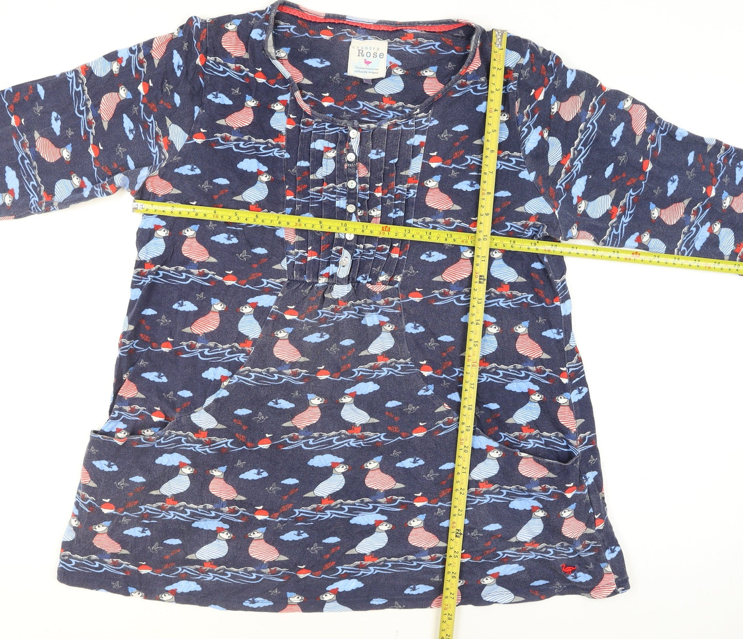 Country Rose Women's Blue Puffin Tunic Top 3/4 Sleeve 100% Cotton M