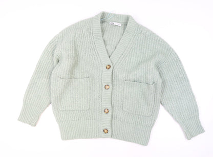 Zara Women Green Knit Chunky V-Neck Cardigan Size M