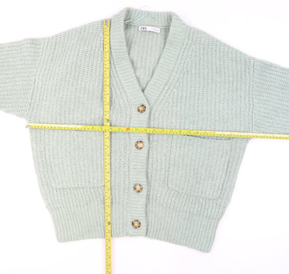 Zara Women Green Knit Chunky V-Neck Cardigan Size M